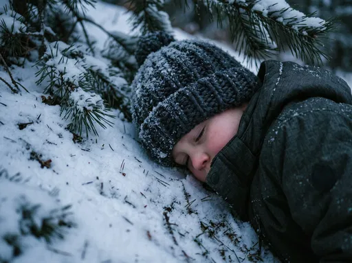 Boy Resting on Snowy Pine Hillside