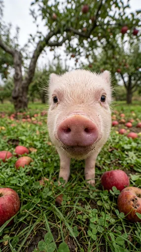 Curious Piglet Close-Up in Apple Orchard