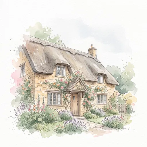 Watercolor Illustration of English Thatched Cottage