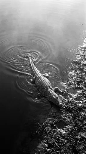 Monochrome Crocodile Emerging Onto Mudbank