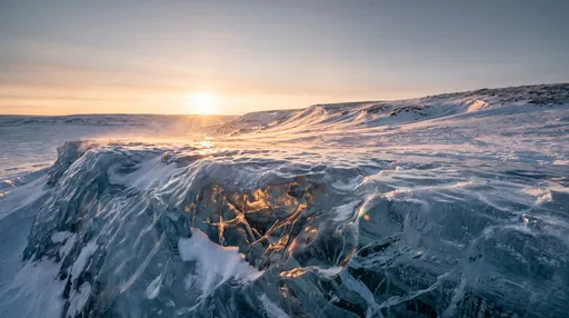 Golden Sunlight Through Translucent Arctic Ice Ledge