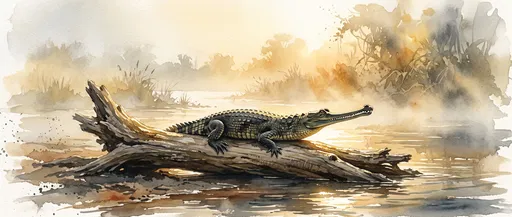 Watercolor Gharial Basking on Driftwood Log