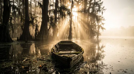 Submerged Rowboat in Misty Cypress Swamp