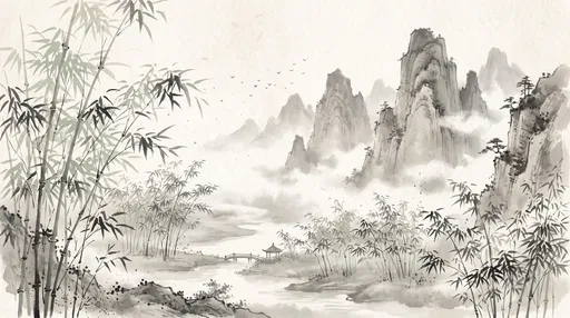 Sumi-e Ink Landscape with Bamboo and Mountains