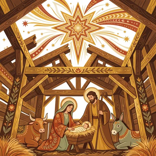 Folk Art Christmas Nativity Scene Illustration