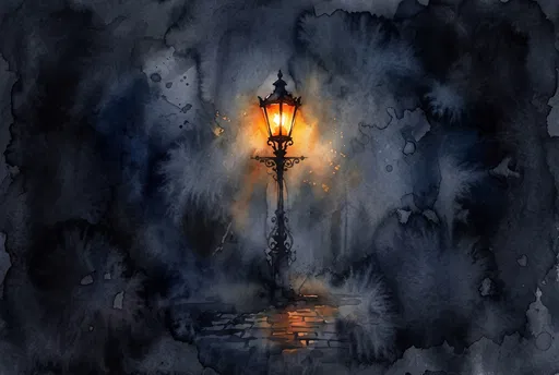 Glowing Vintage Streetlamp in Dark Watercolor