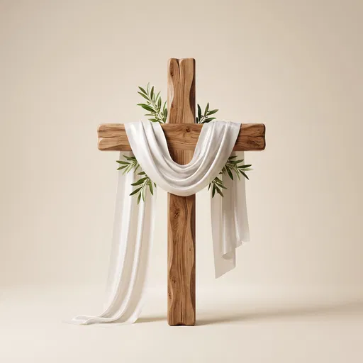 Wooden Cross With White Silk and Olive Twigs