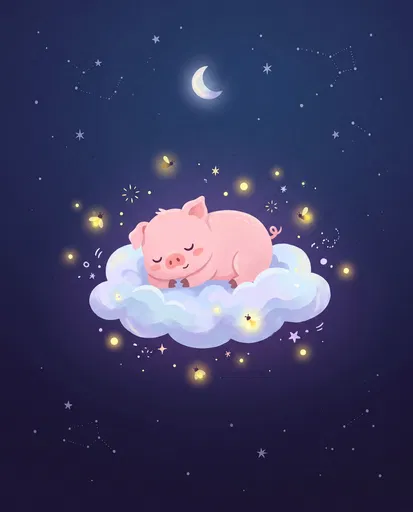 Sleeping Piglet on Cloud Illustration