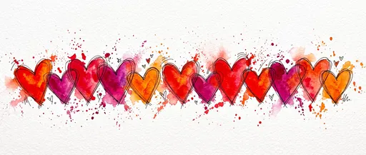 Vibrant Watercolor and Ink Hearts Row