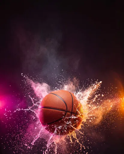 Basketball With Water Splash and Neon Lights