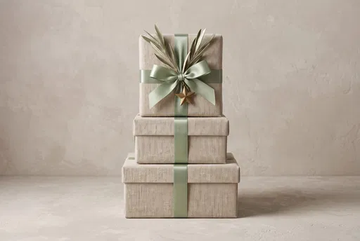 Stacked Linen Gift Boxes With Sage Ribbon