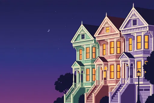 Pastel Victorian Row Houses at Dusk