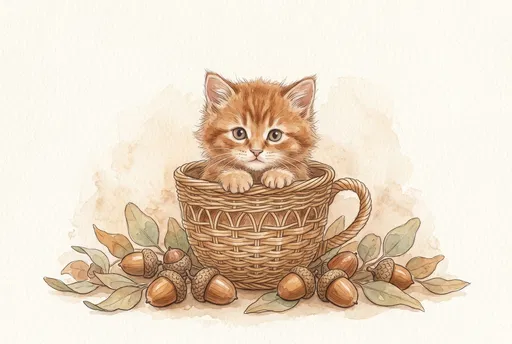 Watercolor Kitten in Wicker Teacup with Acorns