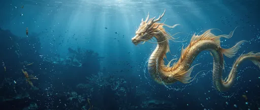 Golden Dragon Swimming in Ocean Depths