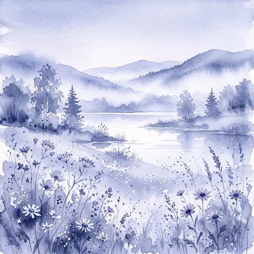 Monochrome Blue Watercolor Lakeside Meadow
