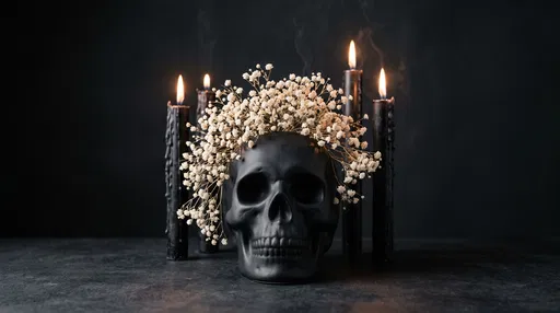 Black Ceramic Skull With Flowers and Candles