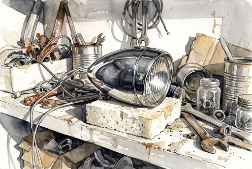 Watercolor Bicycle Headlight on Workshop Shelf