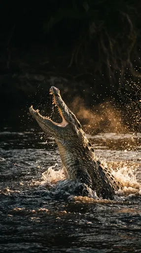 Crocodile Lunging From Dark River Water
