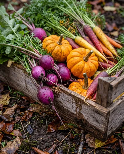 Wooden Crate of Fresh Autumn Vegetables