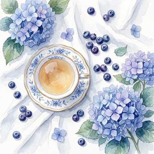 Watercolor Teacup With Blueberries and Hydrangeas