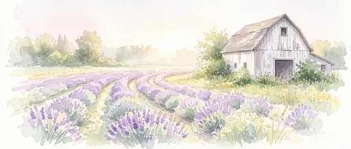 Watercolor Lavender Field and White Barn