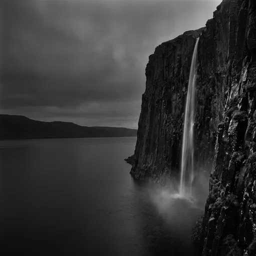 Monochrome Waterfall on Steep Basalt Cliff