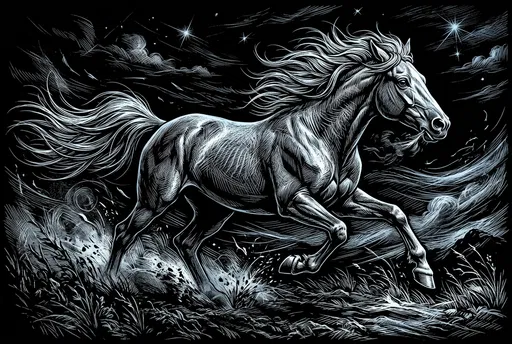 Scratchboard Illustration of Wild Galloping Horse