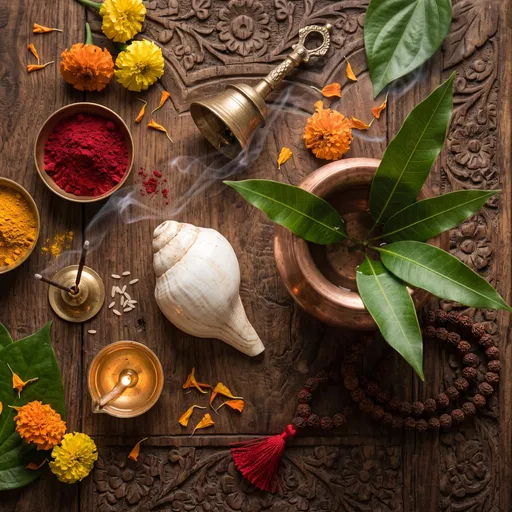 Hindu Puja Ritual Items Flat Lay