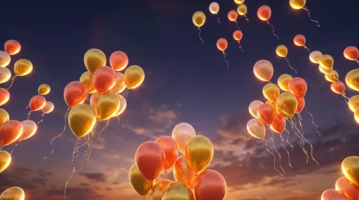 Gold and Coral Balloons in Twilight Sky