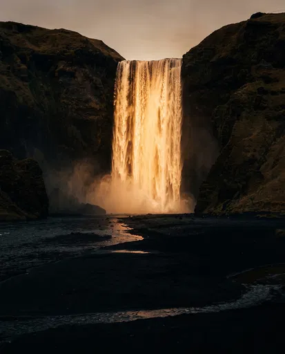Glowing Golden Waterfall Between Dark Cliffs