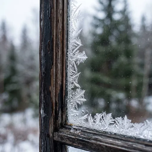 Frosted Weathered Wooden Window in Winter