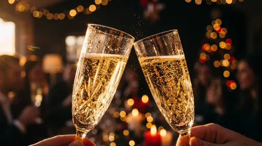 Crystal Champagne Flutes Clinking at Holiday Party