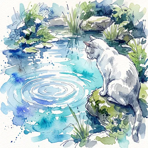 Watercolor Cat Watching Pond Ripples