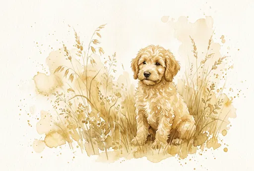 Golden Watercolor Labradoodle Puppy in Grass