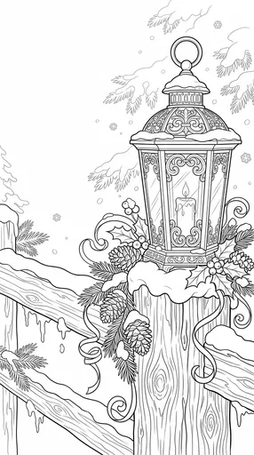 Christmas Lantern on Snowy Fence Coloring Page