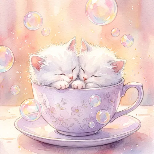 Watercolor White Kittens Sleeping in Teacup