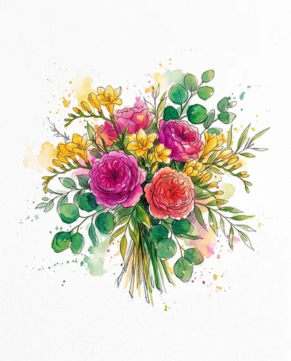 Watercolor and Ink Floral Bouquet Illustration