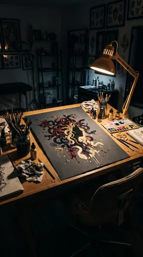 Medusa Watercolor Artwork on Artist Desk