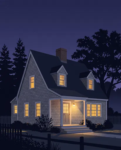 Illuminated Cape Cod House at Night