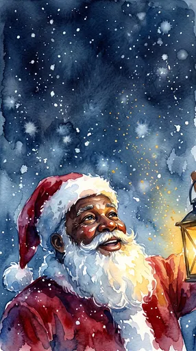 Watercolor Black Santa Looking at Snowy Sky