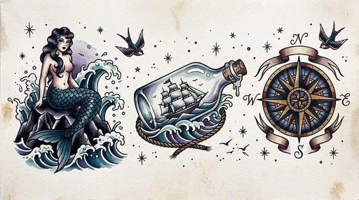 Nautical Traditional Tattoo Flash Sheet Illustration