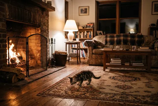 Kitten Exploring Cozy Living Room by Fireplace