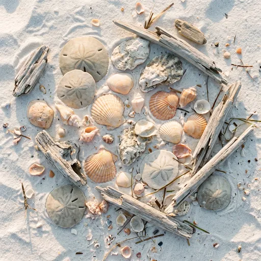 Seashells Sand Dollars and Driftwood on Sand