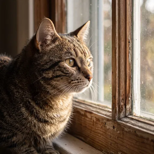 Tabby Cat Looking Out Rustic Window