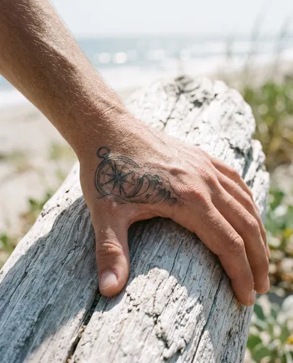 Male Hand With Compass Tattoo on Driftwood