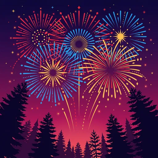 Festive Fireworks Over Pine Tree Silhouettes