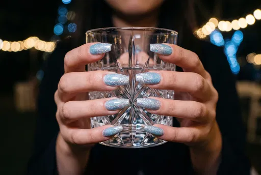 Glitter Blue Coffin Nails Holding Crystal Glass