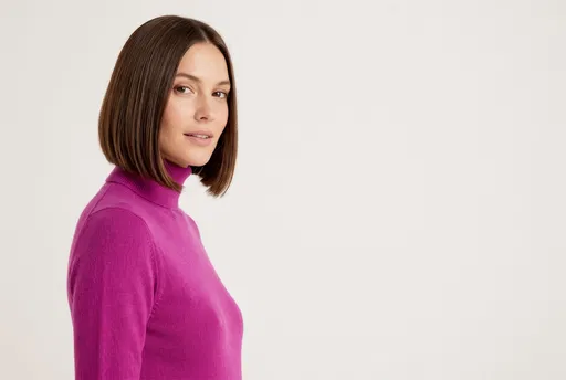Woman With Brown Bob in Magenta Turtleneck