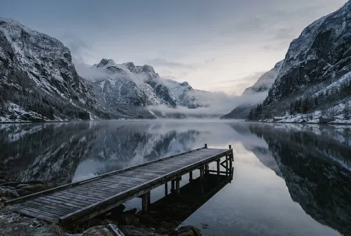 Wooden Pier Over Calm Winter Fjord