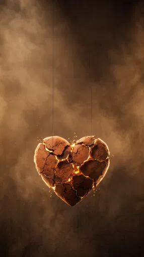 Cracked Terracotta Heart With Glowing Gold Kintsugi